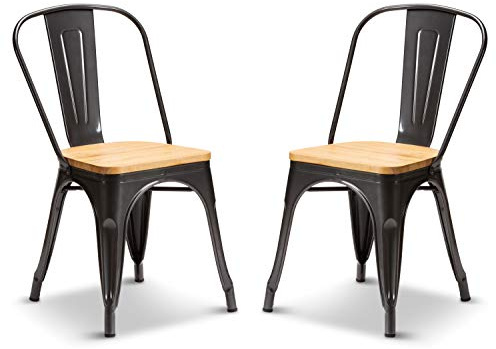 Your Price Furniture.com Set of 2 Metal Industrial Dining Chairs Retro Style Stacking Kitchen Vintage Seat For Home, Bistros and Cafes (Graphite Grey Oak Seat)