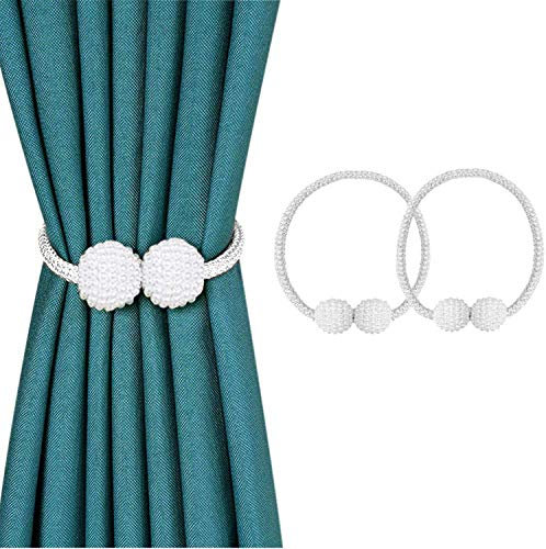 SUOXU Vorhang-Raffhalter, 2 Stück magnetische Vorhang-Raffhalter, Perlenkugel, Vorhang-Clips, Seil-Halterung, Schnallen für Zuhause, Büro, dekorativ (Weiß)