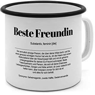 Emaille-Tasse mit Definition Beste Freundin - Tasse mit Spruch, Wörterbuchtasse, Geschenktasse, witzig, Kaffeebecher, Becher, Tasse, Becher - Farbe Weiß/Schwarz