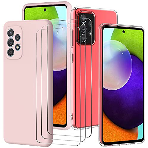 Oureidoo 2 Coque Samsung Galaxy A72 4G/5G + 3 Pièces Verre trempé Protection écran, [2 Styles Case] Coque Silicone Souple Ultra Fine, Housse Etui de Protection Bumper en TPU Brillant Lustré, Rose