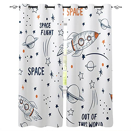 SDSONIU Rocket Flying Cartoon Universum Weltraum weiße Vorhänge Wohnzimmer Schlafzimmer Vorhänge Kinderzimmer Vorhänge Gardinen Wohnzimmer Schlafzimmer Thermovorhang Deko Vorhänge 2Er Set 234 x 230 cm
