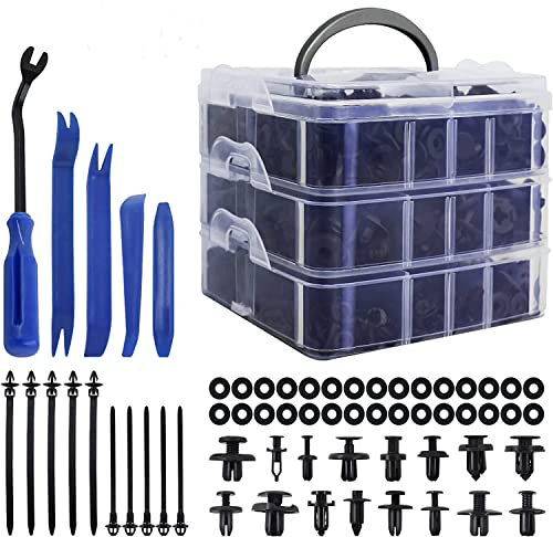 PHYLES Remaches Plastico Clips de Coche, 665PCS Universal Retenedor de Panel de Puerta Parachoques Guardabarros Grapas Coche Juego con Herramientas de Desmontaje, Bridas y Cojines Esponjosos
