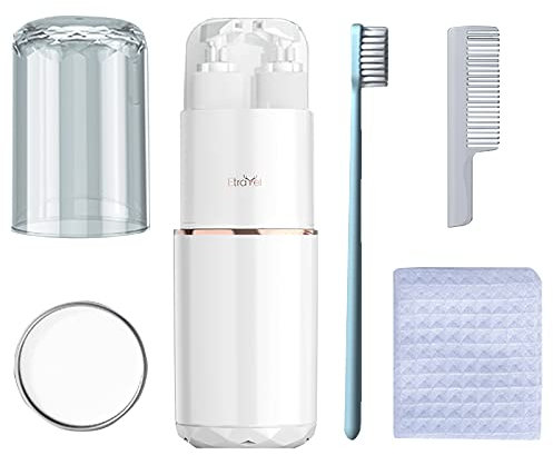 Tragbares 7-in-1 Luxus-Zahnbürstenetui für Toilettenartikel, Reise-Set – enthält 2 Unterflaschen, 1 Mundbecher, 1 Zahnbürste, 1 Handtuch, 1 Kamm, 1 Spiegel (weiß)