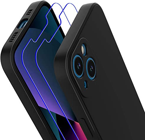 Losvick Silicone Case for iPhone 13 with 2 Pack Screen Protector, iPhone 13 Case Shockproof Protective Soft Phone Case Fine - 6.1 inch - Black