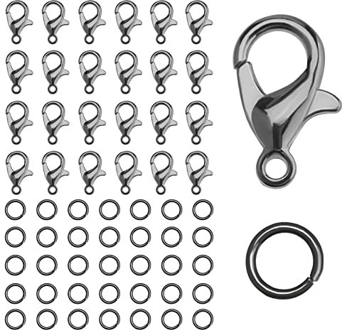 KINBOM 50pcs Lobster Clasp and 120pcs Open Jump Ring, Jewelry Bracelet Connectors Necklace Clasp Bracelet Clasp Jump Rings for Jewelry Making (Clasp: 12x6mm + Ring: 0.7x5mm, Gun Black)