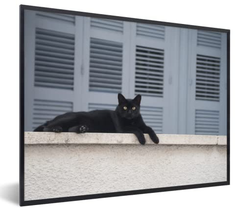 Poster Bilder Wanddeko Deko Wohnzimmer 80x60 cm Katze - Schwarz - Fensterläden - Mädchen - Kinder - Jungen - Kind