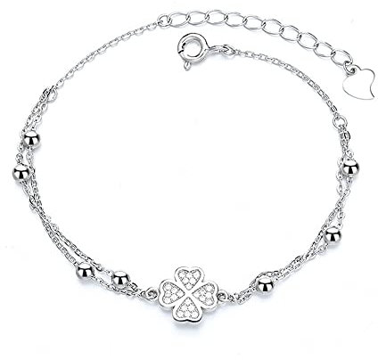 Belons Damen Armband Kleeblatt 925 Sterling Silber Zirkonia Vierblättrige Kleeblatt Charm Armband Mädchen Armkette Armkettchen Kinder Fußkettchen
