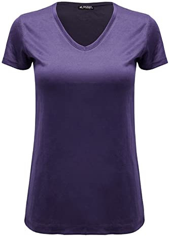 Womens Ladies Casual Cap Sleeve Plain V Neck Basic Stretchy Baggy Jersey T Shirt (Purple, 24-26)
