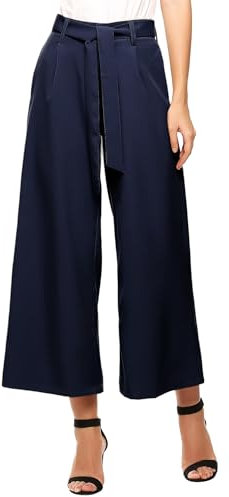 Beyove Damen Culotte 7/8 Weite Hose Sommerhose Schlaghose Elegante Business Hosen Gestreifte Anzughosen Palazzo Hose Sommerhose mit Gürtel Dunkelblau L