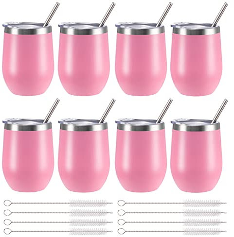 FristChoice Vaso de vino aislado de 12 onzas con tapa y popote, vaso de vino de acero inoxidable sin tallo, doble pared, al vacío, para café, champaña, cóctel, oficina (rosa, 8)