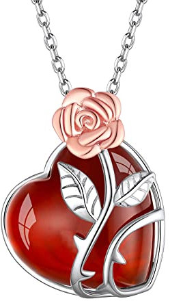 Suplight Collana donna argento 925 con ciondolo cuore pietra di agata rossa naturale con fiore rosa collana donna con pietra cuore mese gennaio collana argento donna