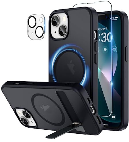 Niunisi Magnetic Case for iPhone 13 Case 6.1-Inch, Slim Kickstand with Screen Protector Compatible with Magsafe Shockproof Matte Phone Case Cover (Black, for iPhone 13 6.1 inch)