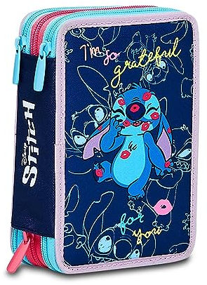 Seven Federmäppchen, Mäppchen, Mehrfarbig, Federtasche für Schreibwaren, Etui komplett mit Bleistiften, Filzstiften, Schulmaterial, mit 3 Fächern, Mädchen, Schule - Grundschule, XXL LILO&Stitch