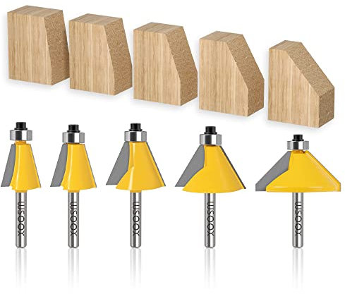 WSOOX 5PCS Chamfer Router Bit Set 1/4 Shank Edge Forming Cutter with Bearing Guided Bevel Edging Router Bit (11.25°,15°,22.5°,30°,45°.)