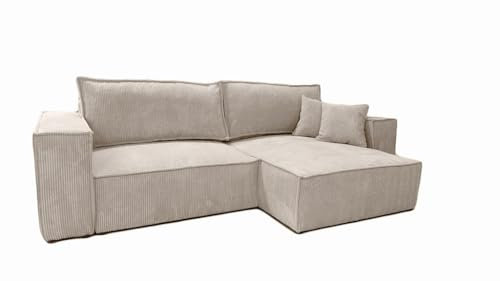 MargaretHadas24 Ecksofa Camel Mini L-Form mit Schlaffunktion Bettkasten Sofa Couch 255 cm universelle Ottomane, Wohnzimmer Schlaffläche 204 x 135 cm (Poso 02 - Cappuccino)