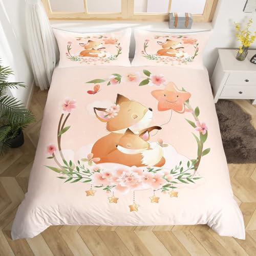 Homewish Bettbezug 140 x 200 cm für Kinder, Fuchs, Bettwäsche, Motiv: Waldtiere, Bettwäsche mit rosa Blumen für Mädchen, Jungen, Bettbezug Kawaii Wildtiere, 2-teilig, weich