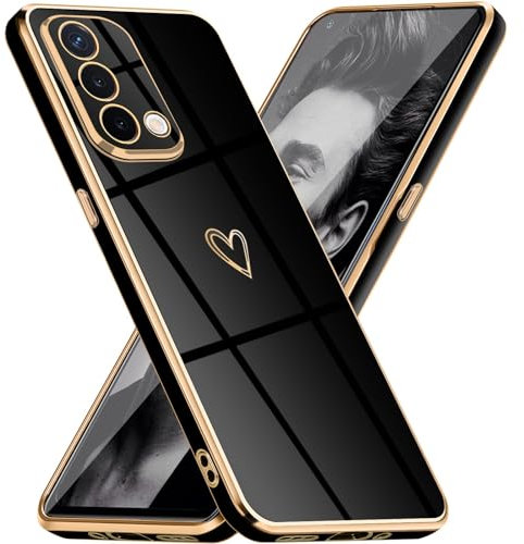 Mkej Glitzernde Handyhülle Für Oppo A74 4G Hülle mit Kameraobjektivschutz, Herz Love Design Galvanik Stoßfeste Dünne TPU Silikon Schutzhülle für Oppo A74 4G, Schwarz Gold