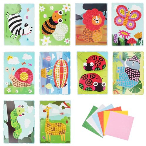 AUAUY 10 Stück Mosaik-Set für Kinder, Unterhaltsame Kunst- und Bastelprojekte für Kinder, Glitter Moosgummi Mosaik-Bild, DIY Kinder Bastelset Geschenke für Mädchen Jungen Basteln ab 4 Jahre