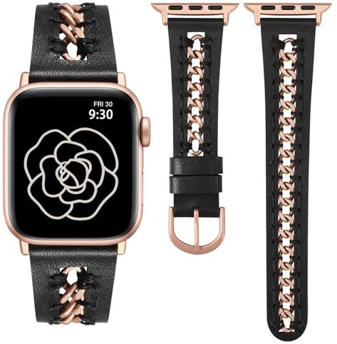 TOYOUTHS Lederarmbänder kompatibel mit Apple Watch Armband 41/40/38/42mm Damen, Elegant Dressy Leder Armbänder mit Ausgehöhltes Kettenarmband für iWatch 10/9/8/7/6/5/4/3/2/1/SE, Schwarz/Rose Pink