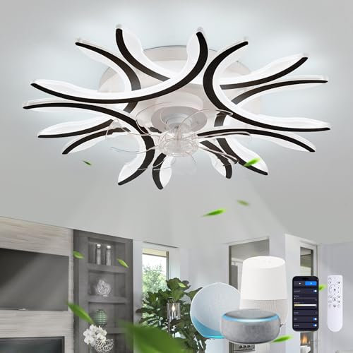 KVOYYIRA Lampara Ventilador Techo Flores Funciona con Alexa, Ventilador Techo Con Luz Reversible 6 Velocidades Silencioso, Ceiling Fan with Light LED Regulable Función Memoria Para Salón-Negro
