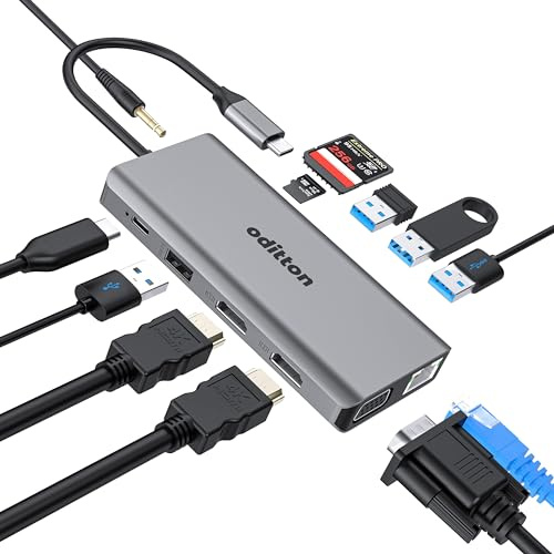 oditton 12 in 1 USB C Hub, USB C Hub Adapter with 4K HDMI * 2, 2 * USB 3.0, Gigabit Ethernet Port, 2* USB 2.0, 100W PD, VGA, SD/TF Card Reader, 3.5mm Audio Jack USB C Dock Compatible with Laptop