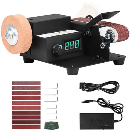 Mini Ponceuse à Bande, Ponceuse Électrique 350W 10000 tr/min, Contrôle Variable Infini, Affichage LED, Mini Polisseuse de Bureau pour Métal Bois Aluminium Bricolage Artisanat en Bois avec 10 Bandes
