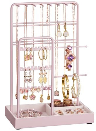 SONGMICS Schmuckständer, Schmuckhalter, Metallrahmen, Schmucktablett Samt, Schmuckaufbewahrung für Halsketten Armbänder Ohrringe Ohrstecker Ringe, Geschenkidee, pastellrosa JJS021R01