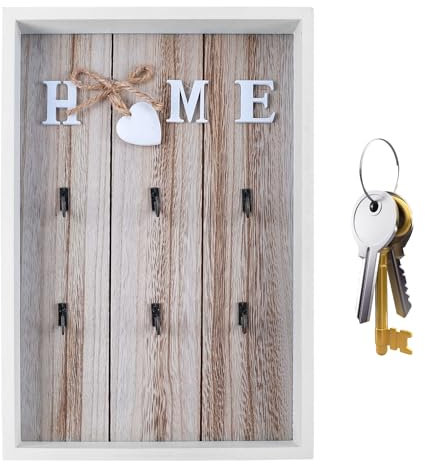 Boîte à clés Murale en Bois, 30 x 20 cm Support Clef Mural avec 6 Crochets Porte Clef Mural Sans Percage, Boite a Clef Decorative Murale pour Salon, à L'entrée, Cuisine