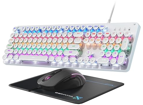 Tastiera e mouse meccanico per macchina da scrivere, tastiera retrò con pannello in metallo con tasti rotondi blu, retroilluminazione RGB, 104 tasti anti-fantasma, tastiera cablata e pad Combo per PC,