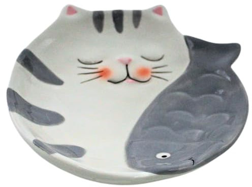Dekohelden24 Keramik Schale - Teller - Platte, flach, als Katze mit Fisch in weiß - grau, Maße ca. 15,5 x 14 x 3 cm.