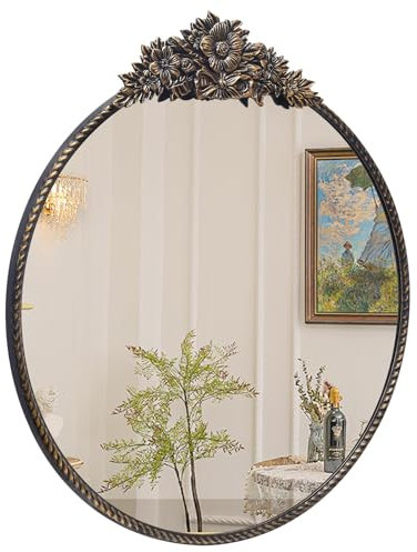 YIDIE Runder Spiegel, 61 cm, Barock-Stil, Wandspiegel, Metallrahmen, Kreisspiegel für Eingangsbereich, Wohnzimmer oder Schlafzimmer, Retro, Schwarz