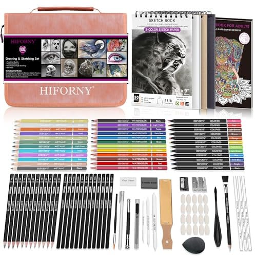 HIFORNY 100-teiliges Zeichen- und Skizzierset, professionelles Kunstzubehör mit Graphit, Anthrazit, Buntstiften, Aquarellstiften, Mischwerkzeugen, Skizzenbuch und Malbuch in Reißverschlusstasche