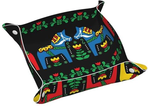 HYTTER Runner schwedisches Dala-Pferd mit Volksmuster, doppelseitiges Leder-Tablett, leicht zu reinigen, für ordentliche Schlüssel, Uhr, Make-up und andere kleine Gegenstände, mittelgroß