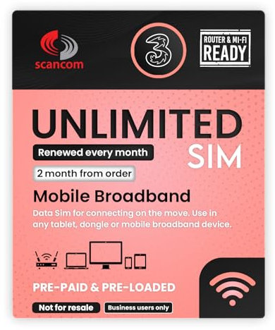 Three Unlimited Data SIM – Uncapped 5G Speeds – Preloaded for 2 months from Order – No Contract – Plug & Play for Business Broadband, Routers & Phones