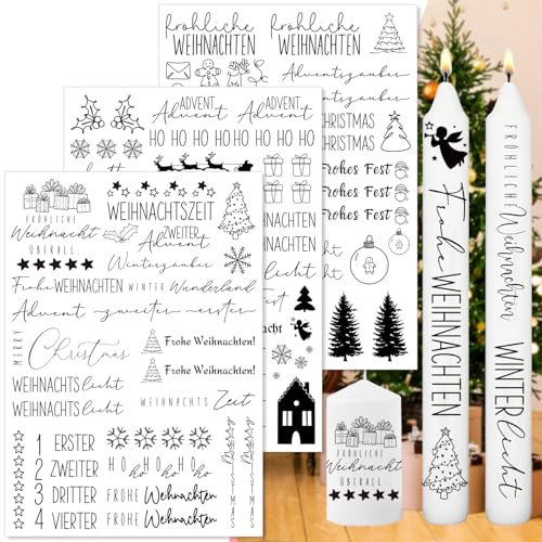 Kerzen Tattoo Weihnachten,3 Stück DIY A4 Kerzen Tattoofolie,Wasserschiebefolie Stabkerzen,Sprüche zum Verschenken,für Kerzen/Keramik,DIY Geschenk (Weihnachten Ⅲ)