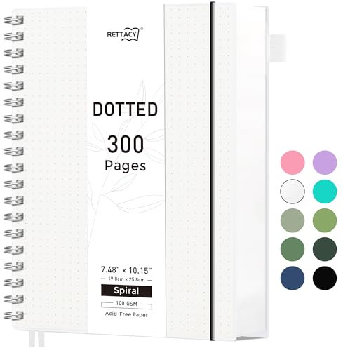 RETTACY Notizbuch B5 Dotted, Bullet Journal Spiral-Notizbuch Gepunktet mit 300 Seiten, Softcover Ringbuch 100 g/m² Dickes für Frauen Männer Arbeit Büro Schule, 14.5 x 21cm - Transparent
