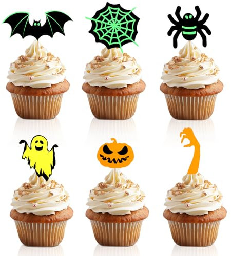 24stk Happy Halloween Cupcake-Topper, Spinne Kürbis Fledermaus Spinnennetz Geist Kuchentopper Halloween-Dekorationen für Geburtstagsparty Halloween Babyparty Kuchenzubehör