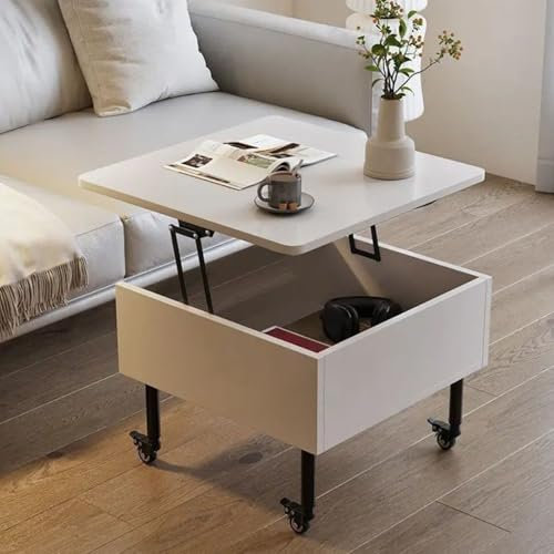 WEIDPHL Mesa De Centro Elevable, Mesa Auxiliar Móvil con Compartimento Oculto Y Ruedas, Mesa De Comedor Elevable, Mesa Auxiliar Moderna para Sala De Estar,Blanca
