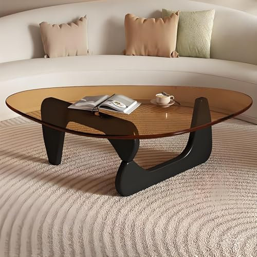 Table basse triangulaire moderne en verre avec base en bois massif pour salon, bureau, hôtel (noir marron, 91,4 x 65 x 40,6 cm)