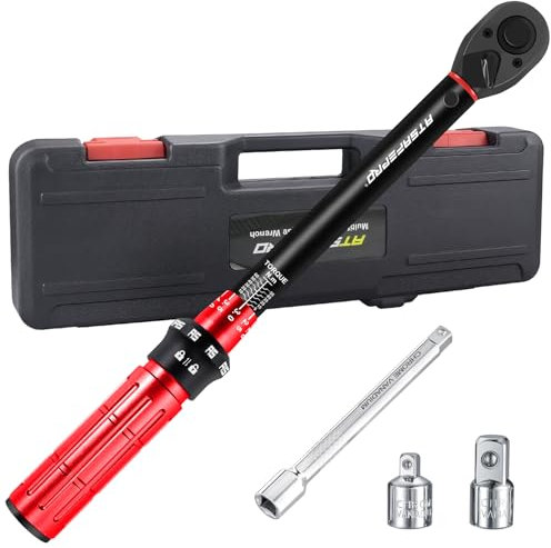 ATsafepro Clé Dynamométrique 3/8'',cle dynamometrique 5-60 Nm, Précision ±3%, Adaptateurs 1/4 & 1/2 et Barre d'Extension, pour Voiture, Moto, Vélo et Bricolag