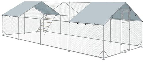 PawHut Hühnerstall Freilaufgehege aus Stahl, 3 x 8 x 1,95 m Hühnerkäfig mit UV-beständiger Abdeckung, Futtertür, Hängefütterung, Sitzstange, Hühnergehege für 24-30 Hühner, Kleintiere, Silber