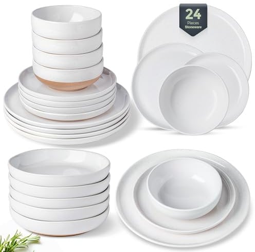 GBHOME 24-Piece Speckled Stoneware Dinner Set for 6 People – Modern Dinnerware Set,Hand-Painted and Unique Wavy Rim, Dishwasher and Microwave Safe, Plate and Bowl Set, White