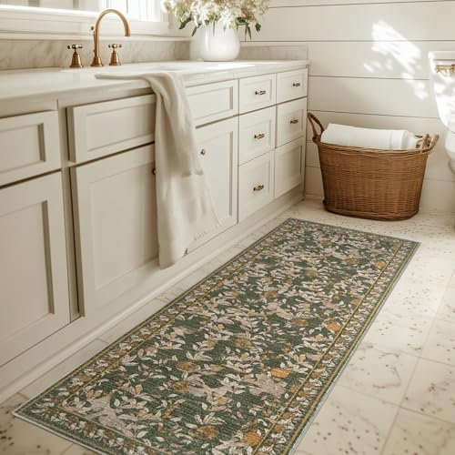 TOPICK Blumen Läufer Flur Waschbar Küche Läufer Kurzflor Vintage Romantisch Teppich 60x210cm Antibakterieller Faltbar rutschfest Dünn Teppich für Brücken Schlafzimmer Wohnzimmer Flur Orange-Grün