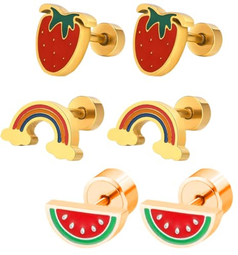 OHREN 3 Paires de Boucles d'Oreilles Mignonnes pour Filles, Clous d'Oreilles en Acier Chirurgical Enfants, Petites Fraises, Pastèques et Motifs Arc-en-Ciel, Pour Oreilles Sensibles, Avec Fermoir à Vis