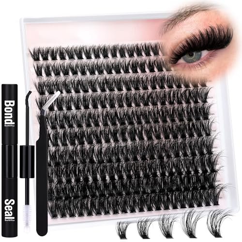 200Pcs Flauschige Wimpern-Cluster 60D Faux Nerz Verlängerung Kit mit Bindung, Siegel und Pinzette - Wispy Einzelne Erweiterungen