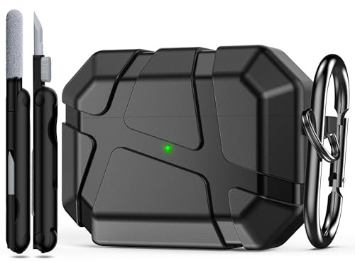 R-fun Silikonhülle Kompatibel mit AirPods Pro 2 Hülle, Stoßfeste Schutzhülle, Kompatibel mit AirPods Pro 2 Generation, mit Hartschalendesign & Kratzschutz, Front LED Sichtbar mit Karabiner (Schwarz)