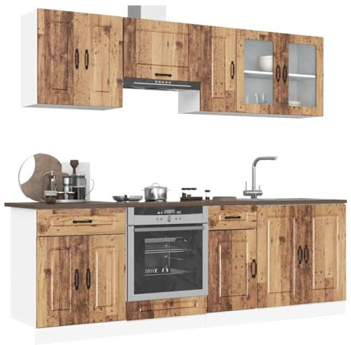 Emmtore 8-TLG.Küchenschrank-Set Holzwerkstoff, Küchenzeile Einbauküche, Schrank-Set, Unterschrank, Küchenschrank, Hängeschrank,Altholz