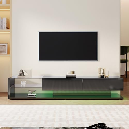 FammyLoft 170cm Hochglanz TV Lowboard mit 2 Schubladen, TV Schrank mit Stauraum, Moderner Fernsehschrank mit Variable LED-Beleuchtung, Fernseher Schrank für Wohnzimmer, Glastrennwände, Schwarz