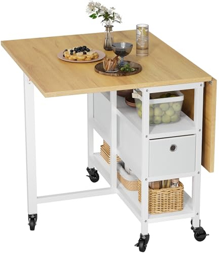 YITAHOME Klappbarer Esstisch, mobiler Klapptisch mit 6 Rollen und Aufbewahrungsschubladen für kleine Räume, Küche, Esszimmer, gelbe Eiche und Weiß