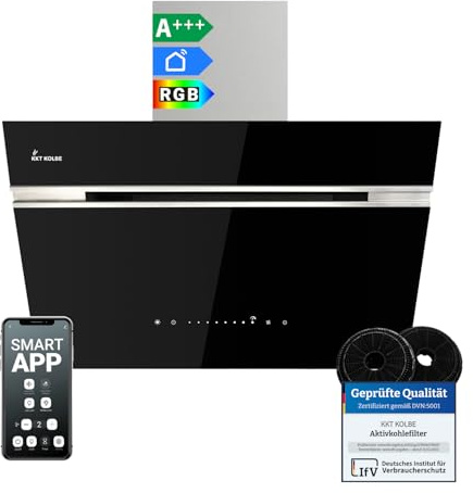 KKT KOLBE Dunstabzugshaube Wandhaube AURORA6005SE, 60 cm kopffrei | 782 cbm/h, Abluft und Umluft, Edelstahl und Glas, schwarz und silber, SensorTouch-Bedienung, RGBW-LED-Beleuchtung, WLAN